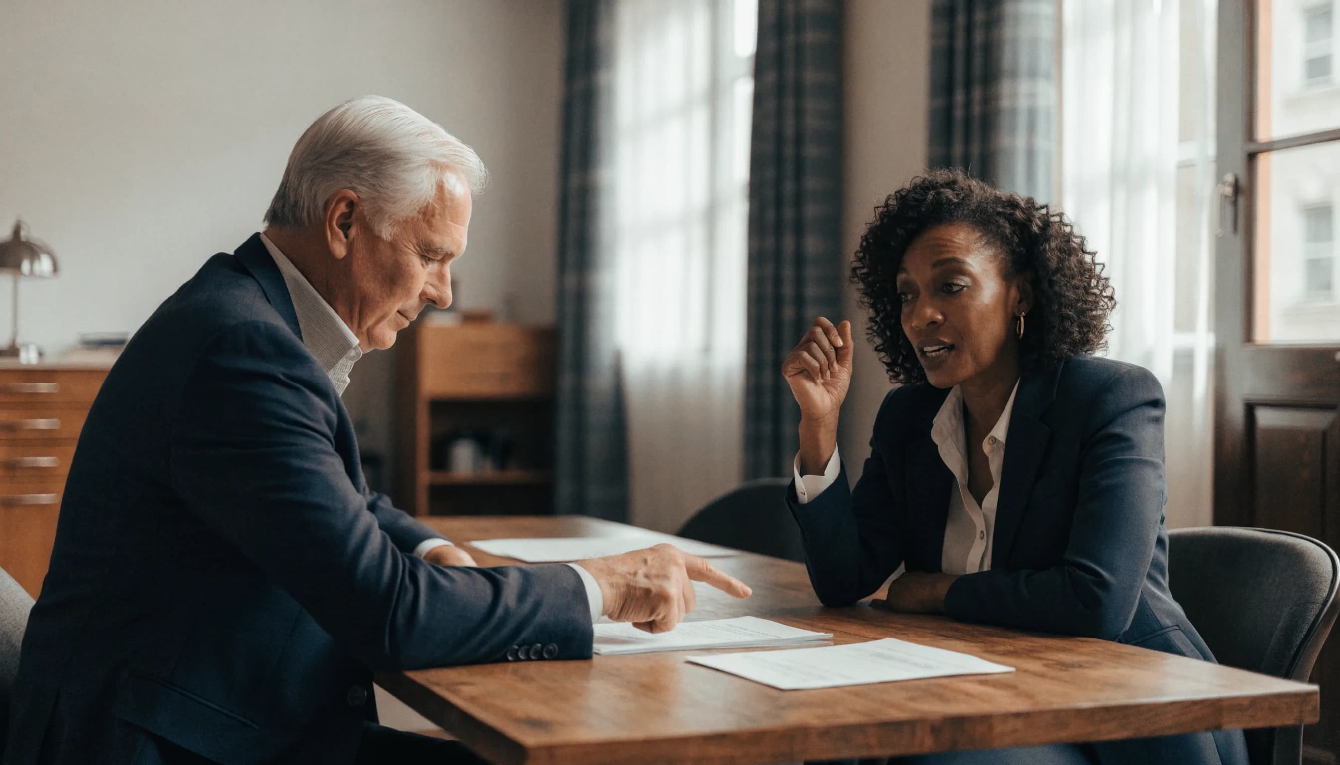 Attorney and client reviewing documents together during a focused office consultation