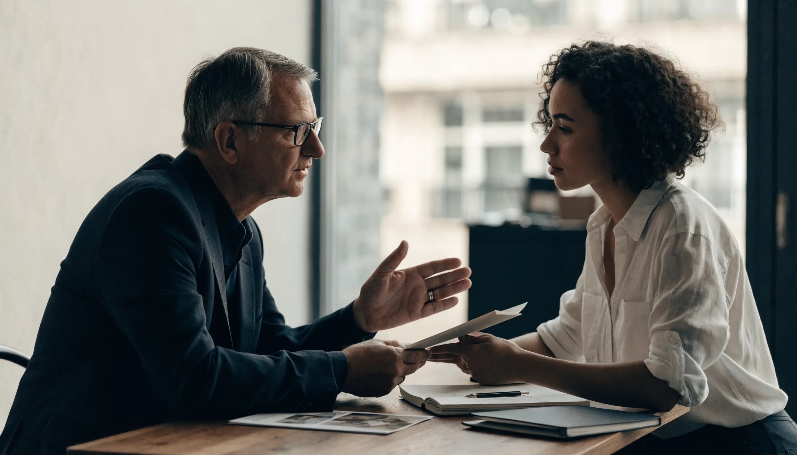 Professional advisor and client reviewing project documents during a focused consultation