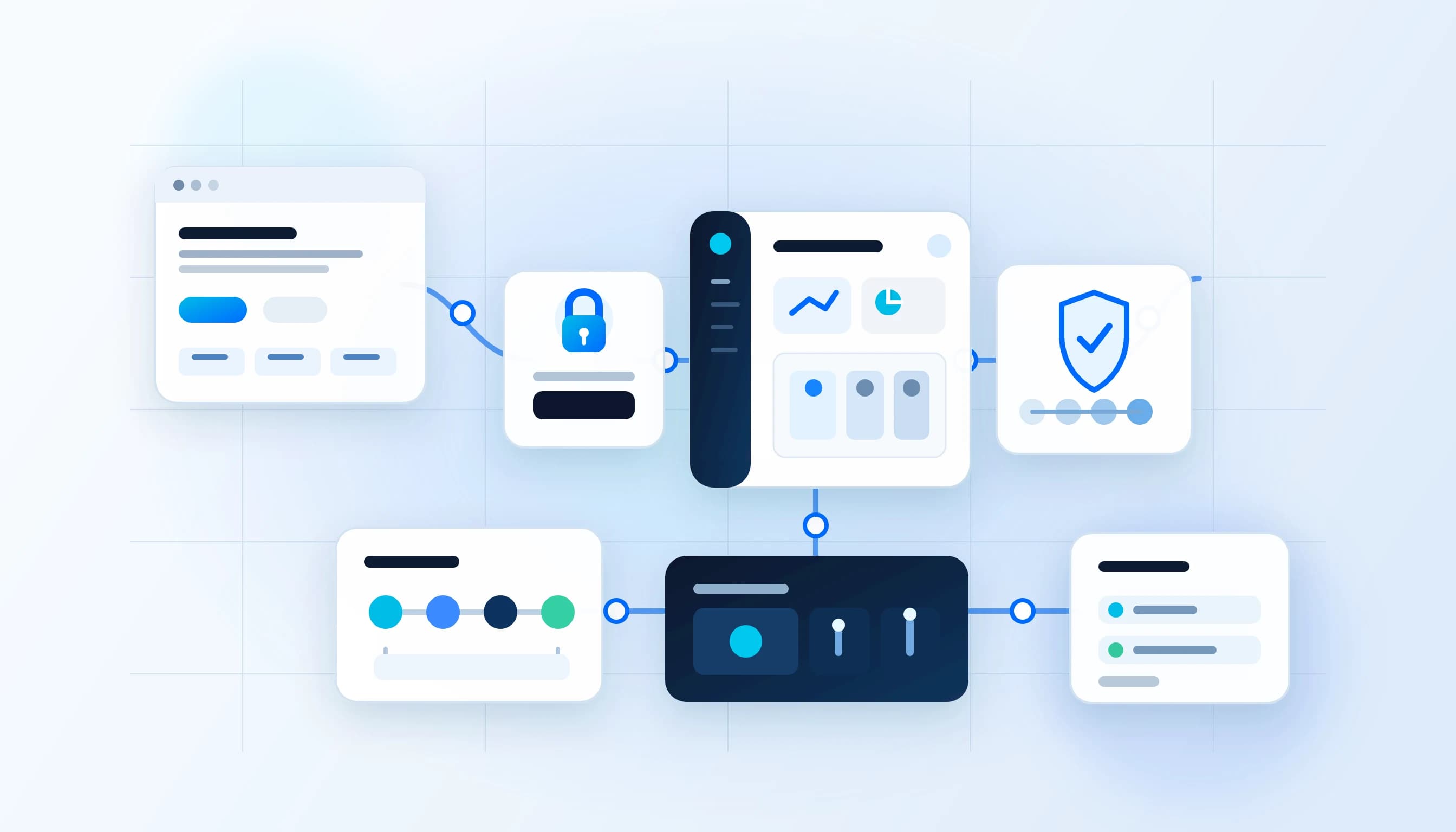 Connected product architecture linking a marketing site, sign-in, user workspace, permissions, core workflow, and administration