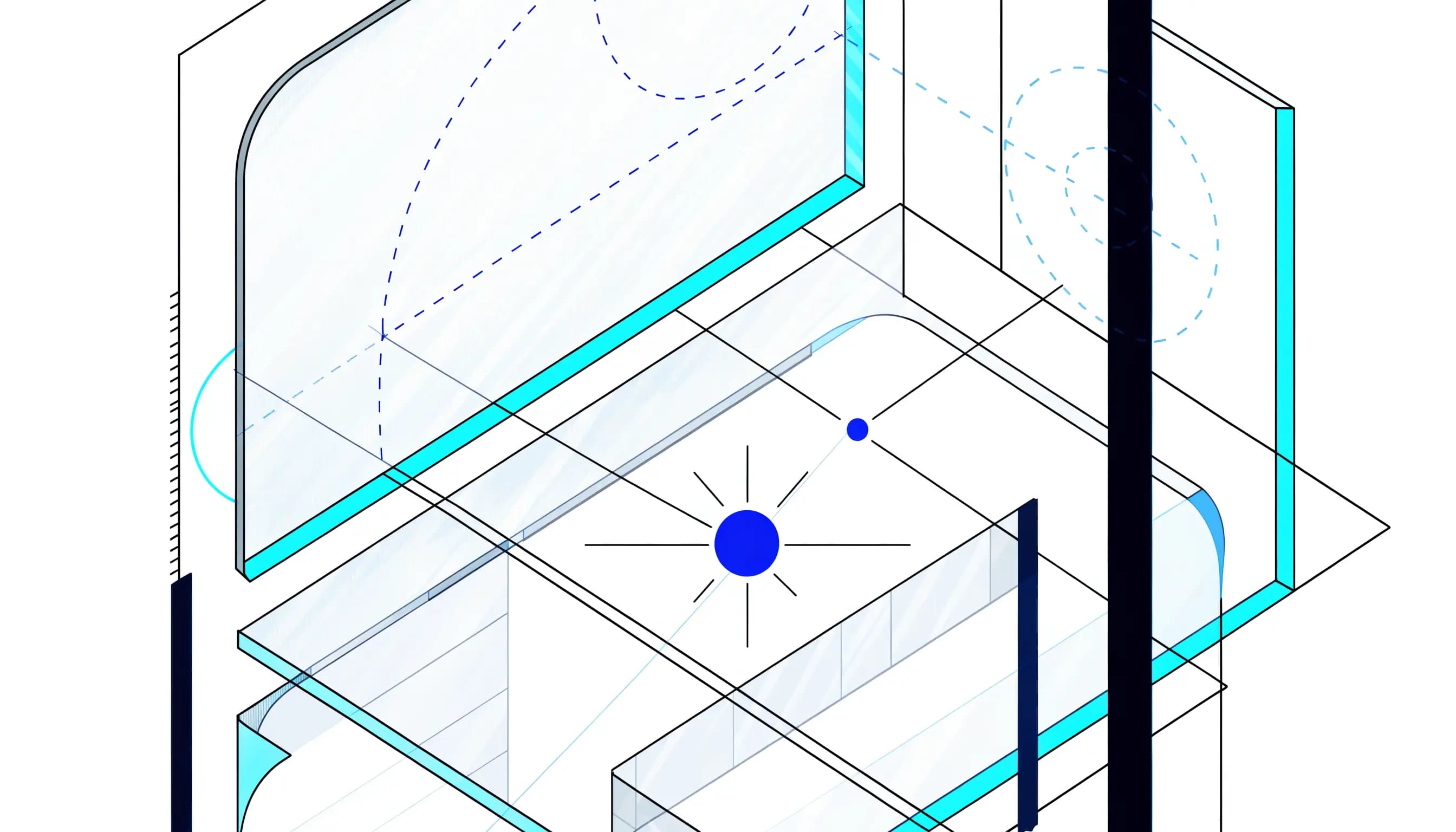 Exploded website architecture showing layered pages and a focused conversion path