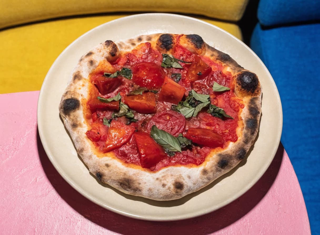 Blistered tomato pizza on a bright restaurant table