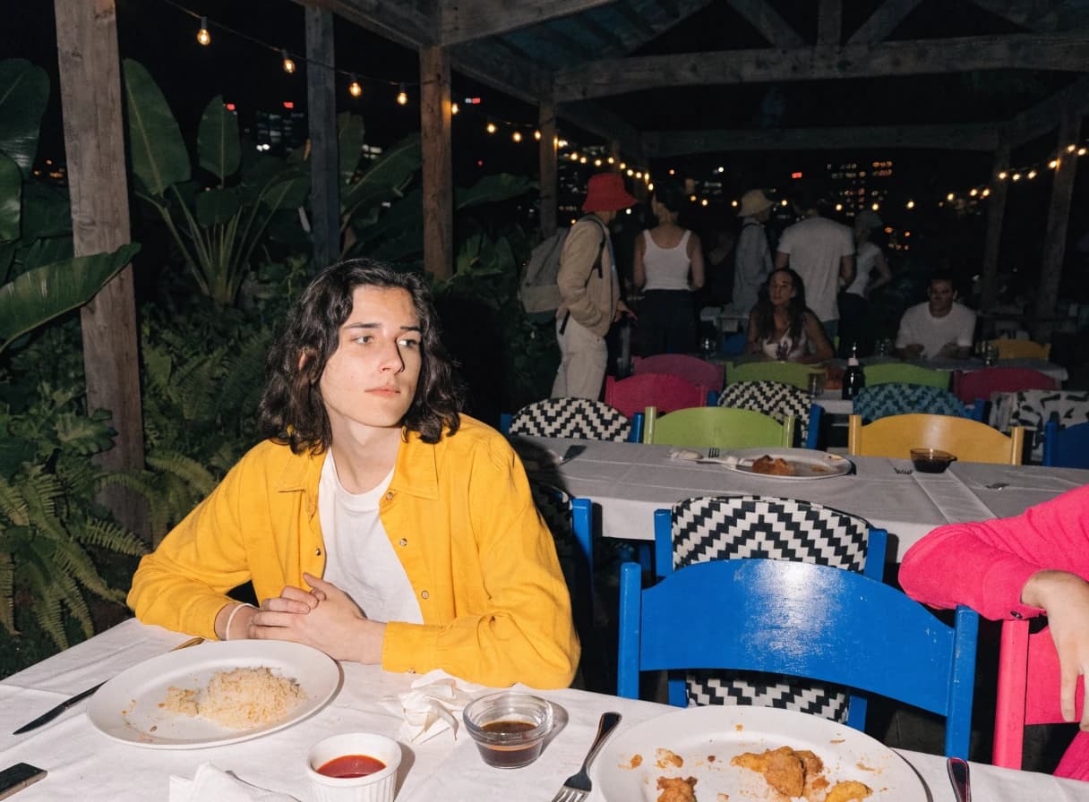 Colorful restaurant patio after dark