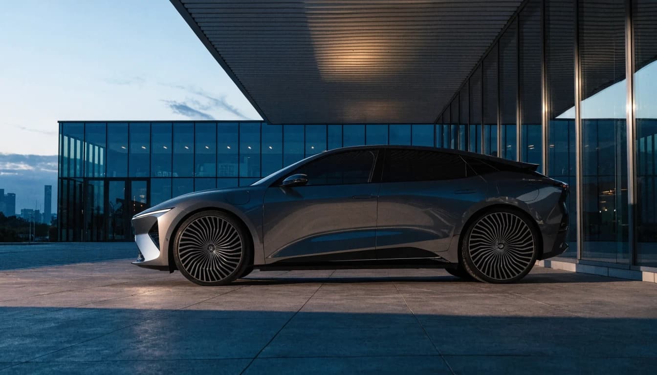 Premium fictional crossover outside a modern showroom for the Northline Motors concept