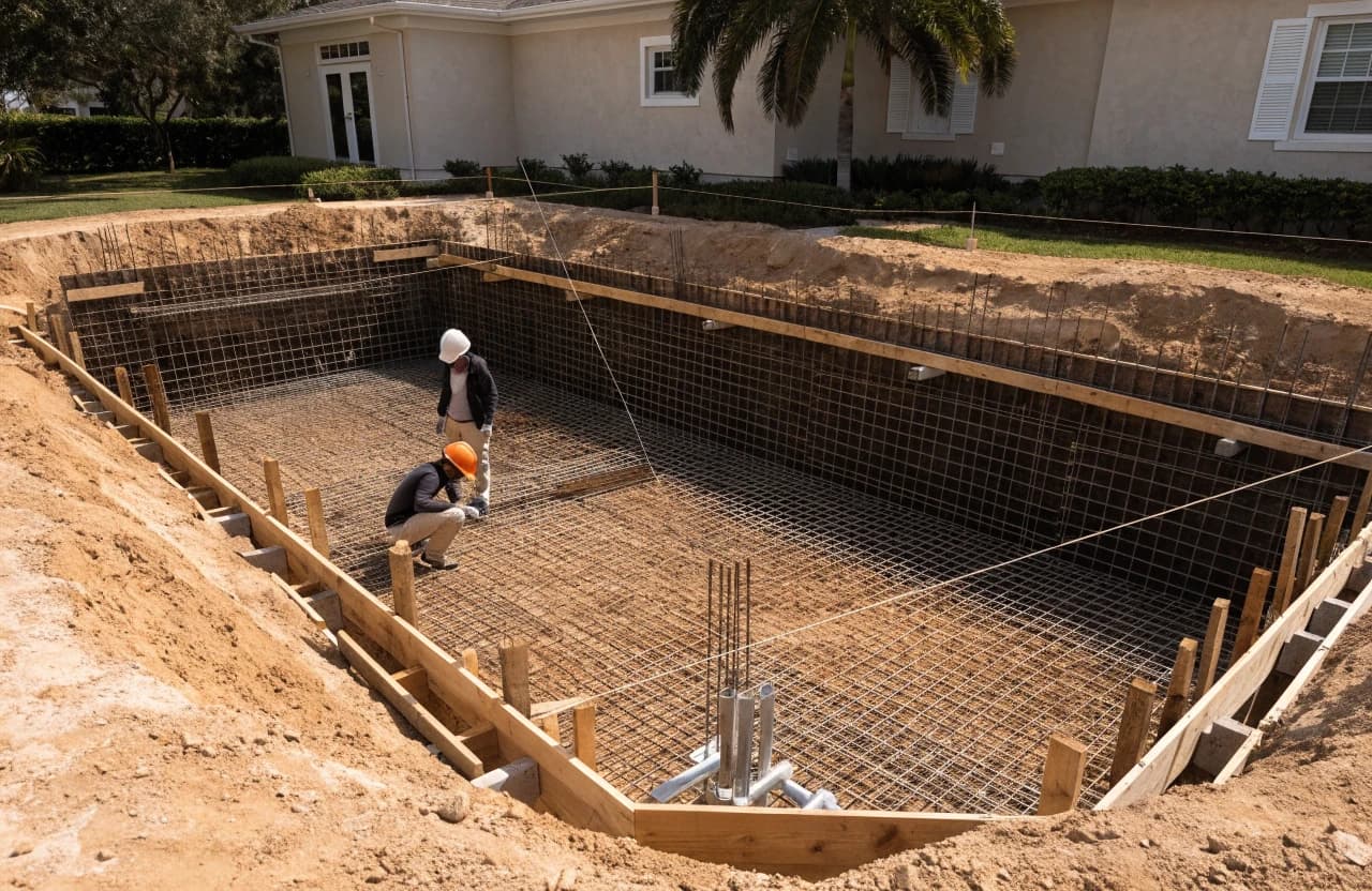 Pool construction process with forming and site work in progress