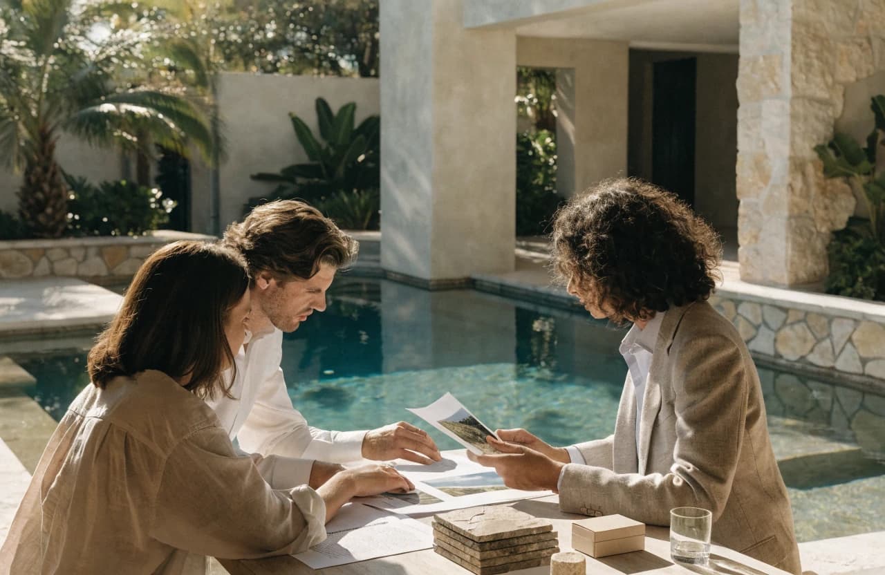 Pool designer reviewing plans during a homeowner consultation