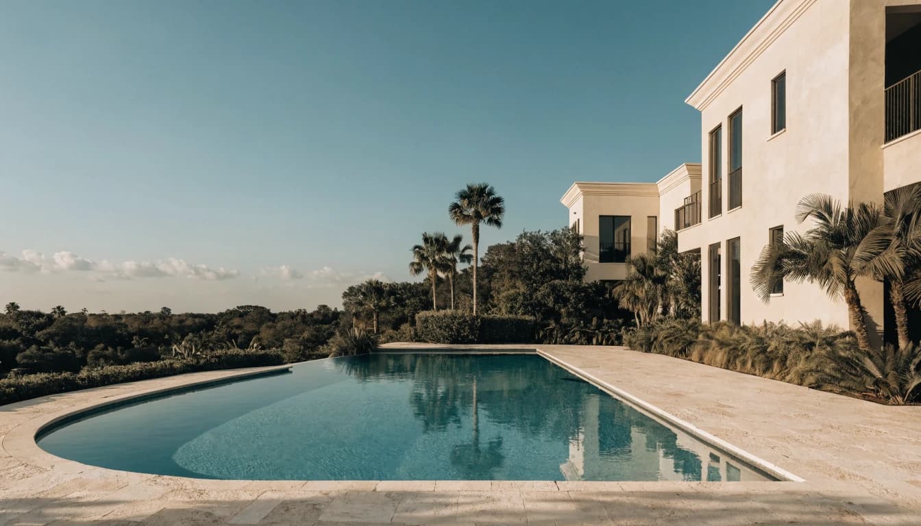 Modern custom pool beside a white South Florida residence for the fictional Solara Poolworks concept