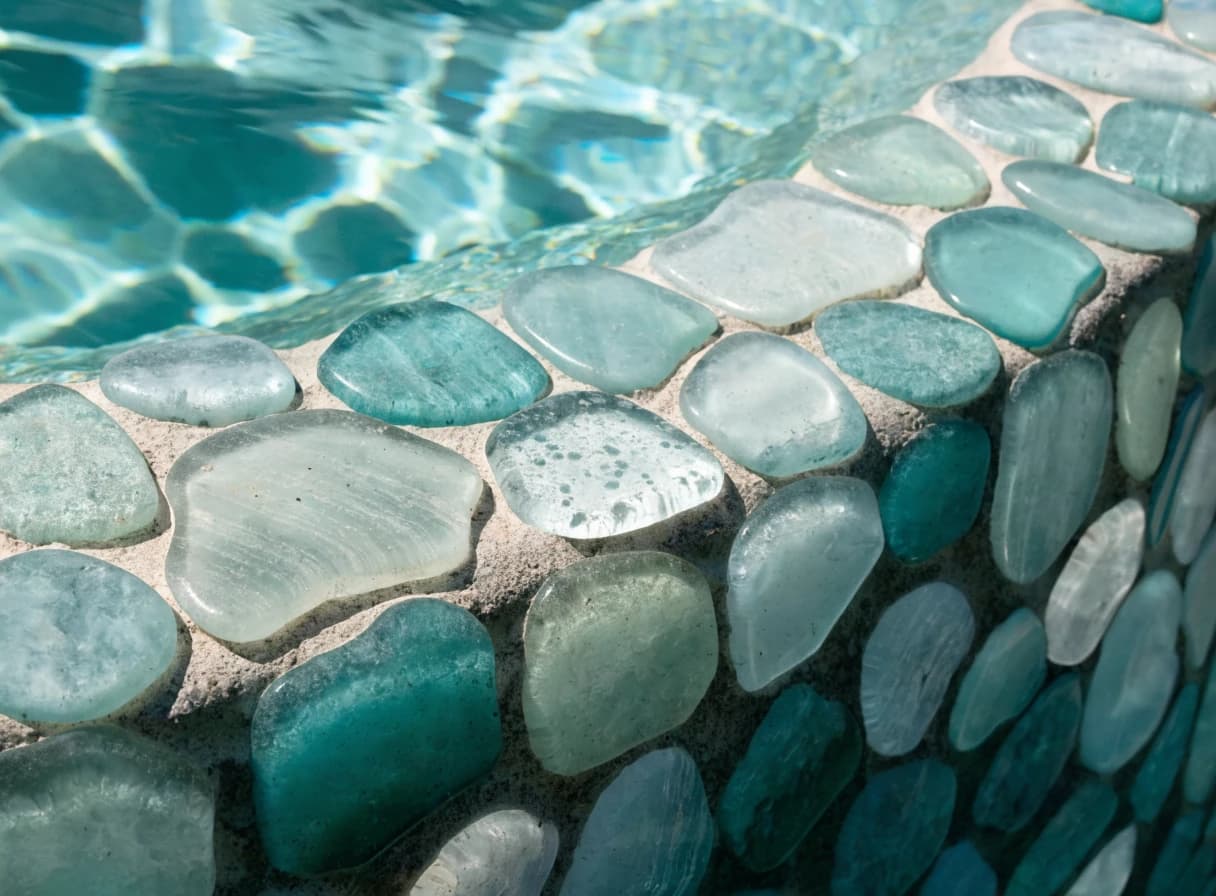 Sea-glass waterline tile detail in aqua tones