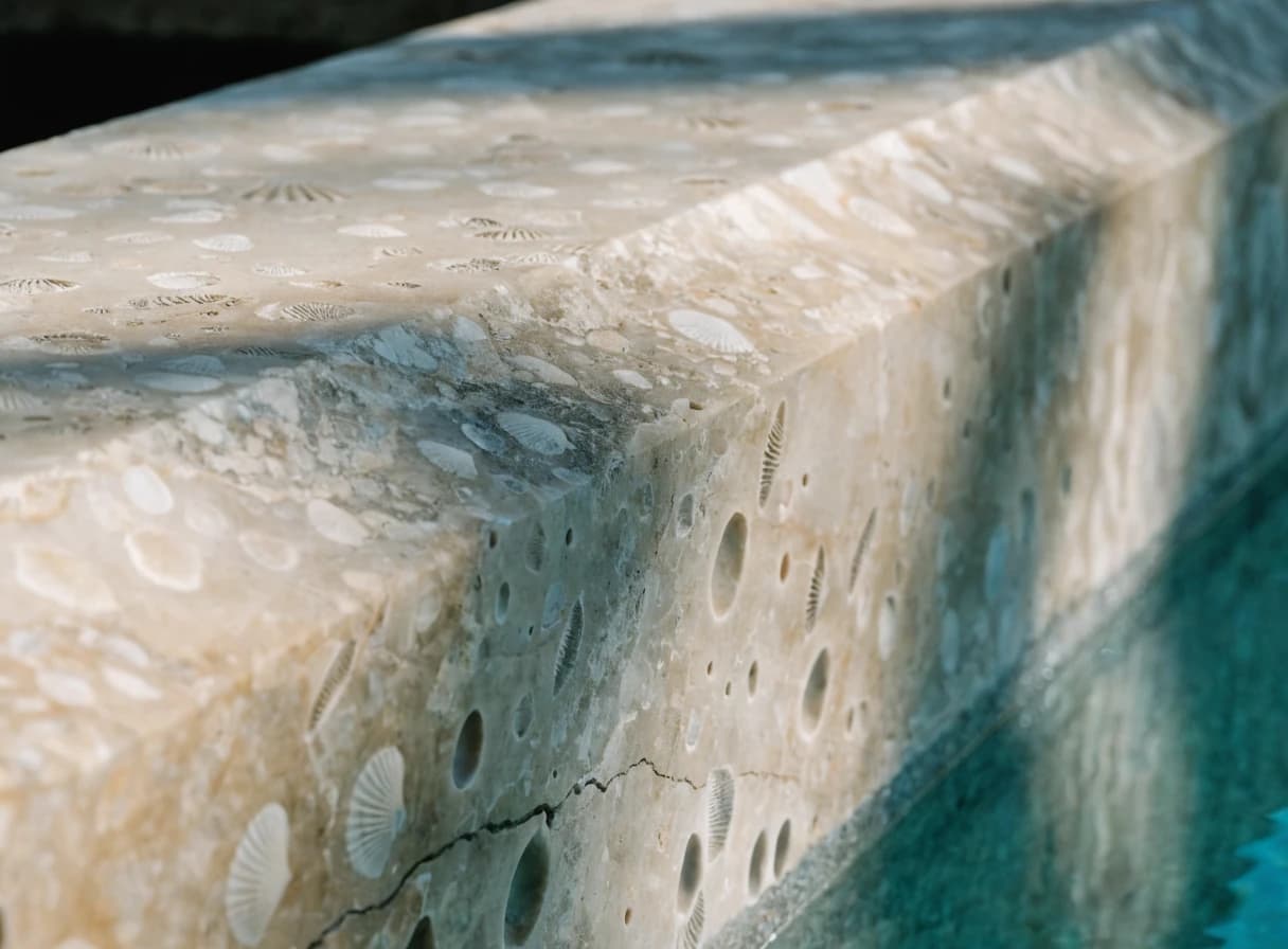 Close view of shell limestone pool coping