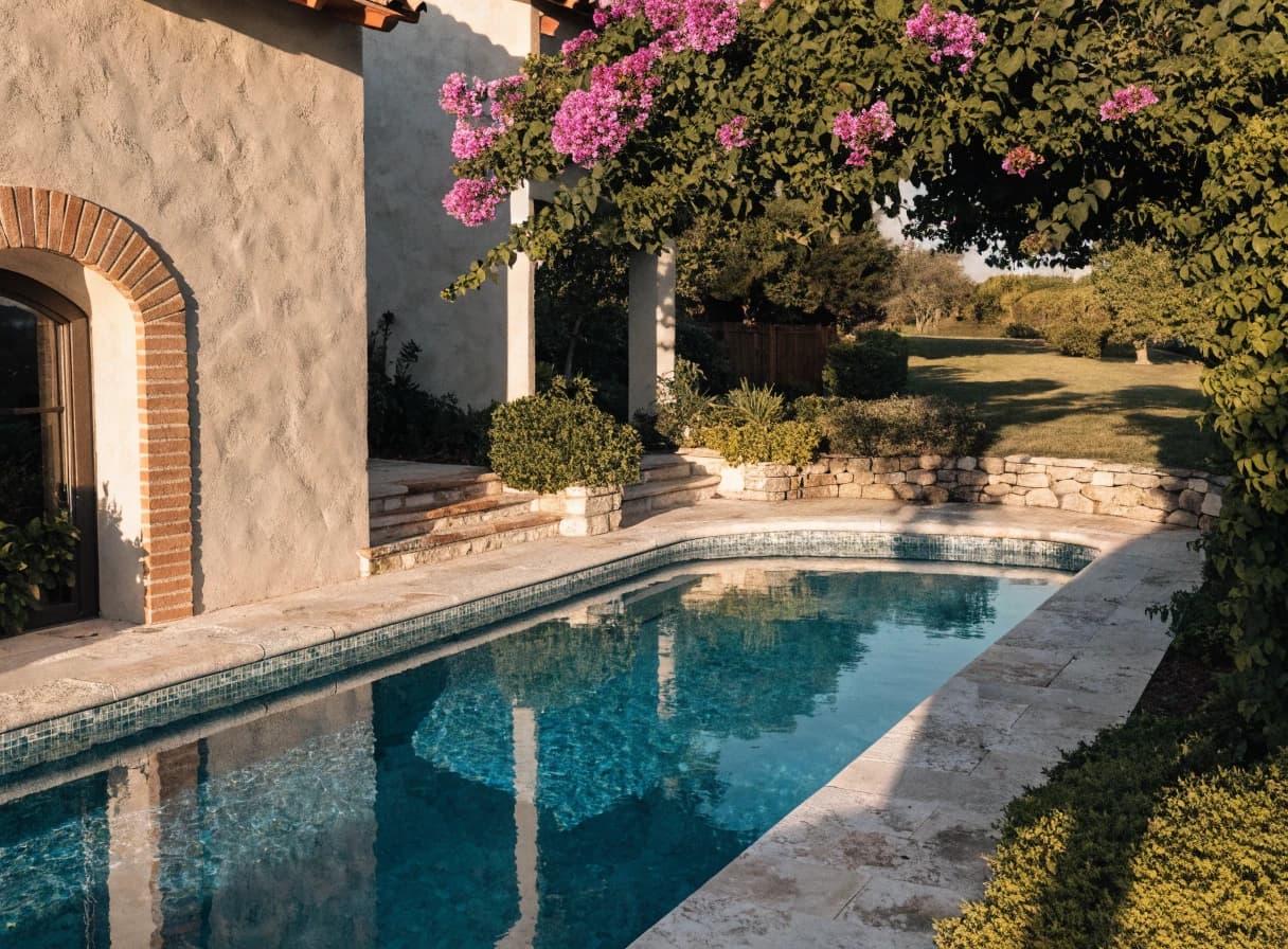 Mediterranean-style pool renovation with warm stone finishes