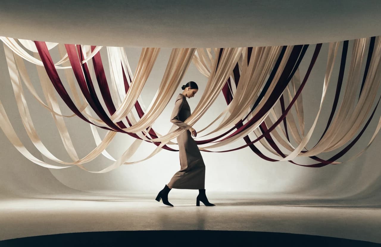 Fashion look among suspended fabric panels