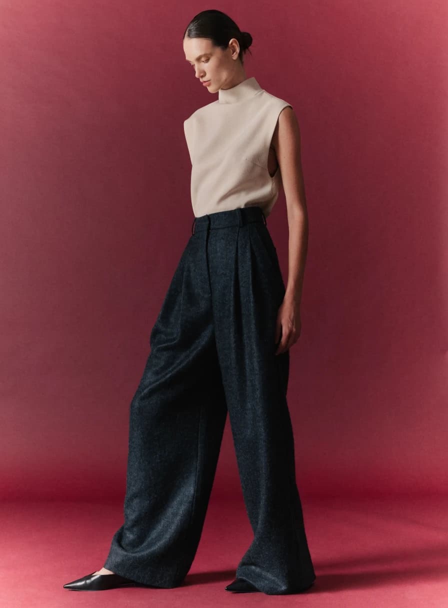 Wide-leg tailored trouser from the fictional Veloura collection